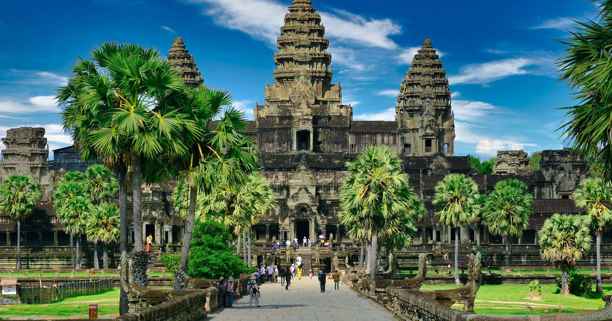 Tourists walking the causeway toward Angkor Wat temple surrounded by palm trees in Cambodia
