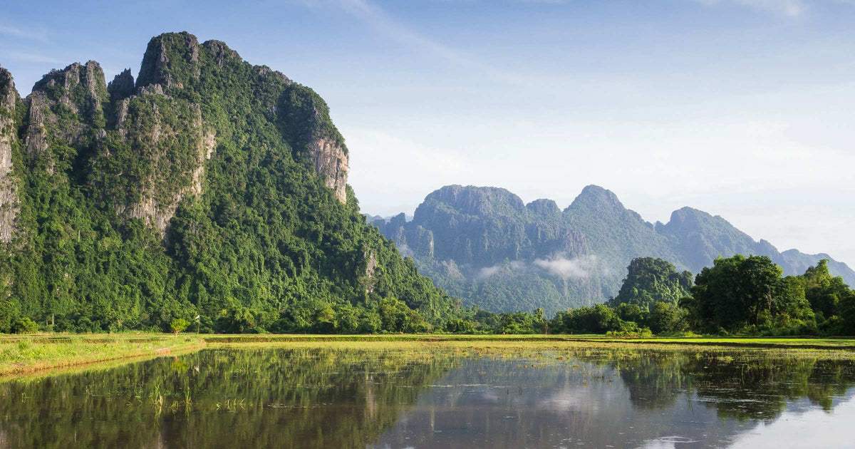 Karst limestone mountains reflected in a still pool at Vang Vieng, Laos, with green rice paddies and blue sky
